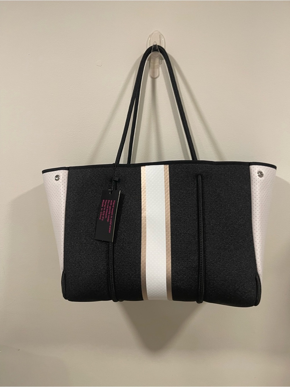 HAUTE SHORE Black Tote with Cream and Tan Center Stripe and pouch
